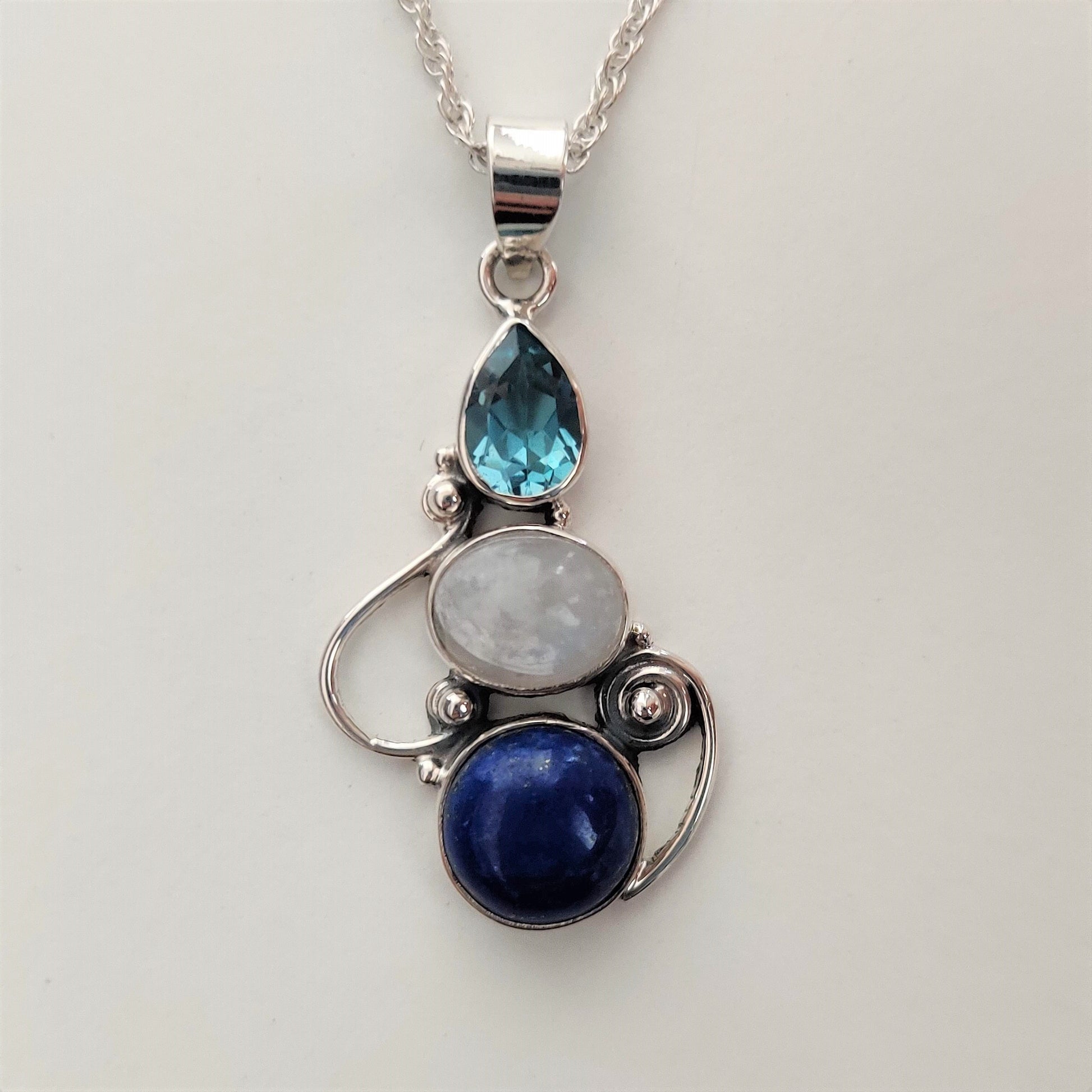 Blue Topaz, Moonstone and Lapis Lazuli 925 Sterling Silver Pendant - Rivendell Shop