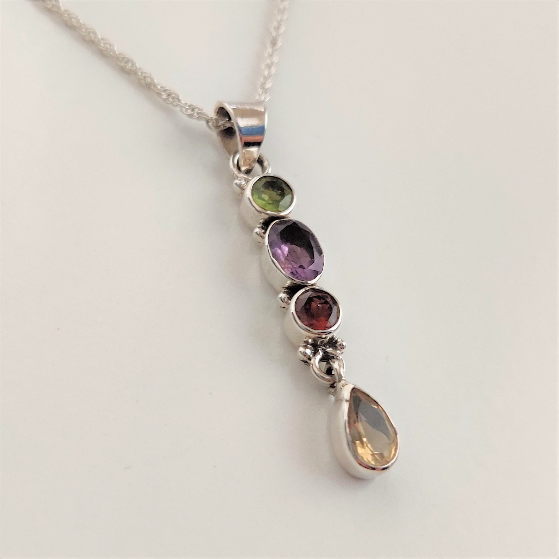 Peridot, Amethyst, Ruby and Citrine Long 925 Sterling Silver Pendant - Rivendell Shop