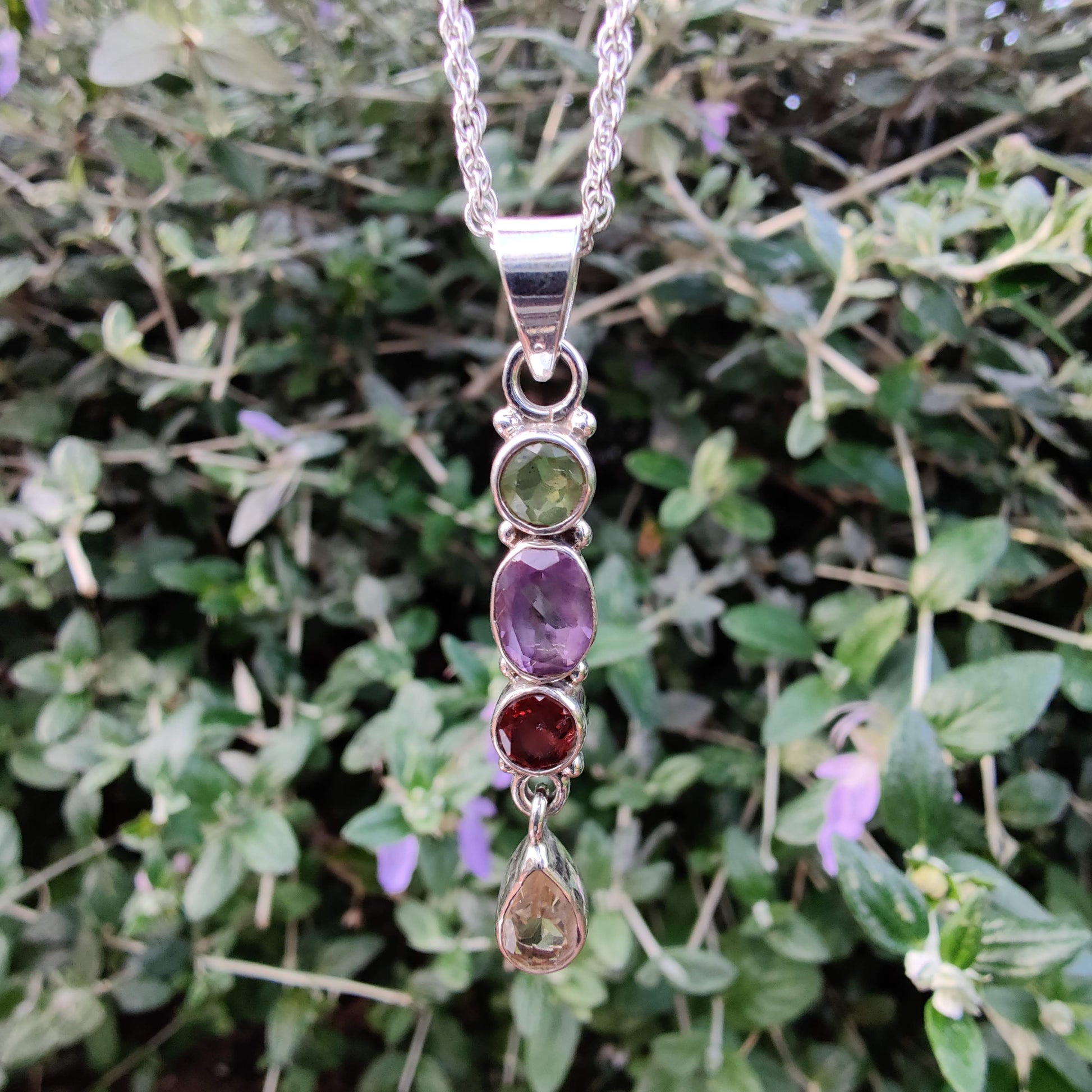 Peridot, Amethyst, Ruby and Citrine Long 925 Sterling Silver Pendant - Rivendell Shop