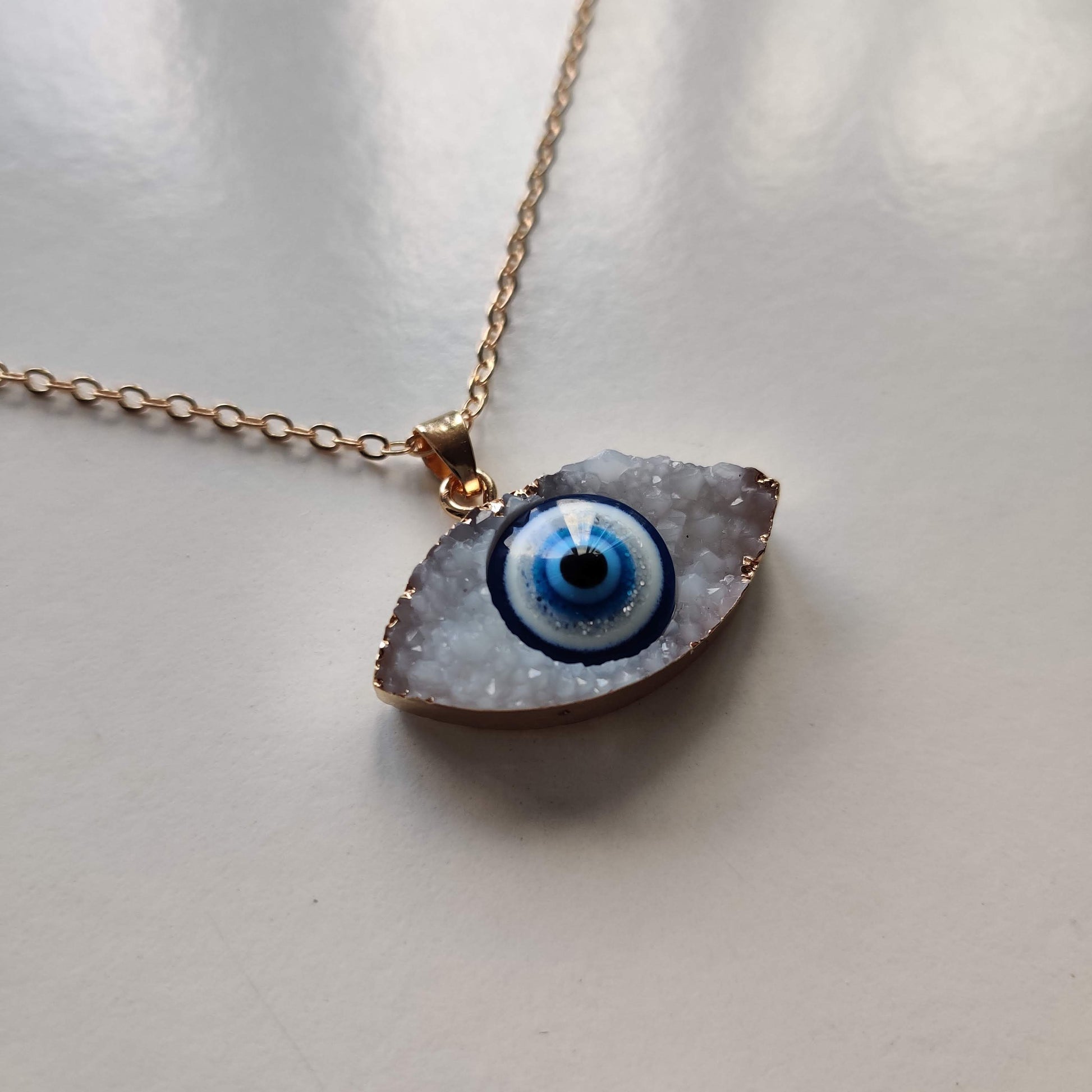Evil Eye Crystal Druze Pendant with Gold Chain - Rivendell Shop