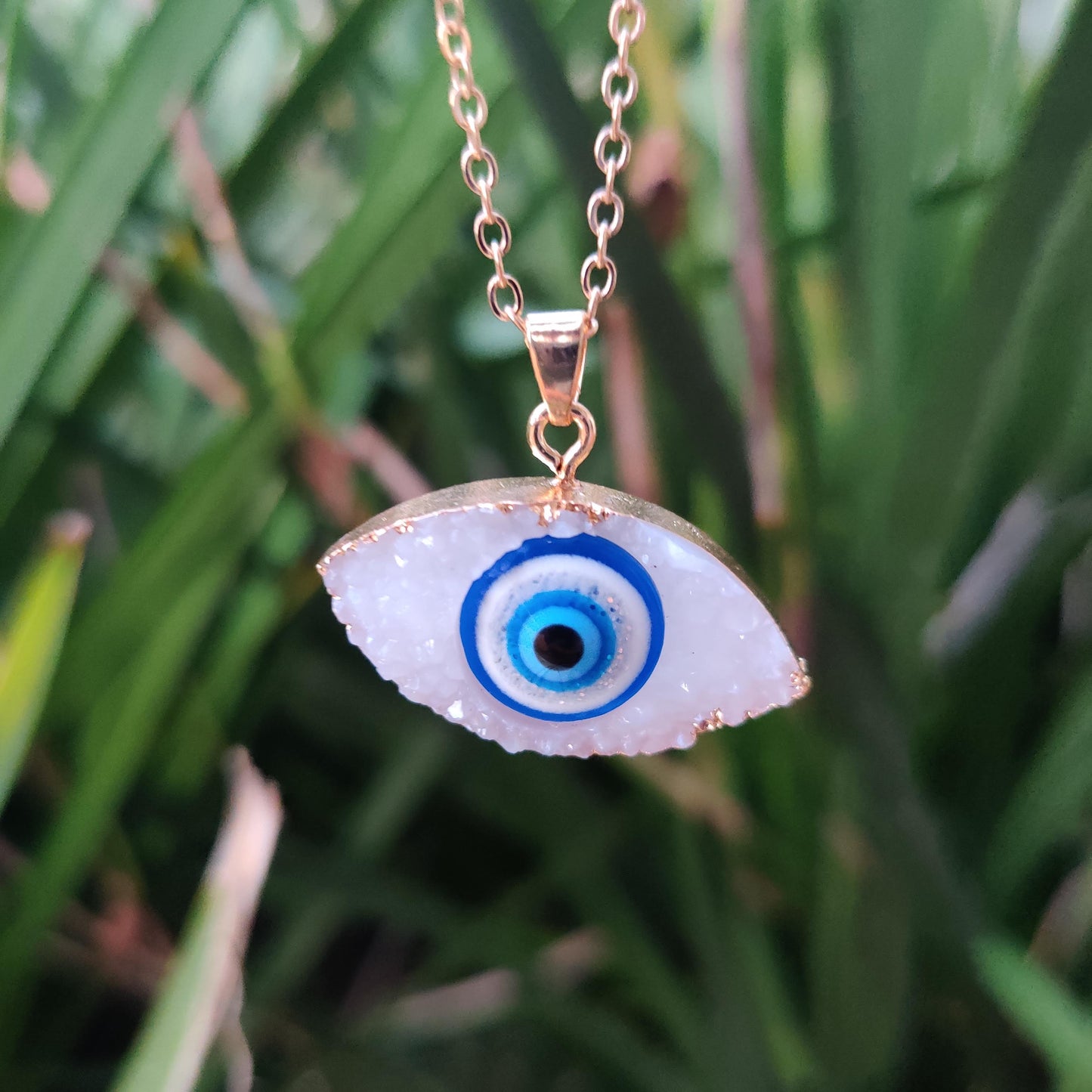 Evil Eye Crystal Druze Pendant with Gold Chain - Rivendell Shop
