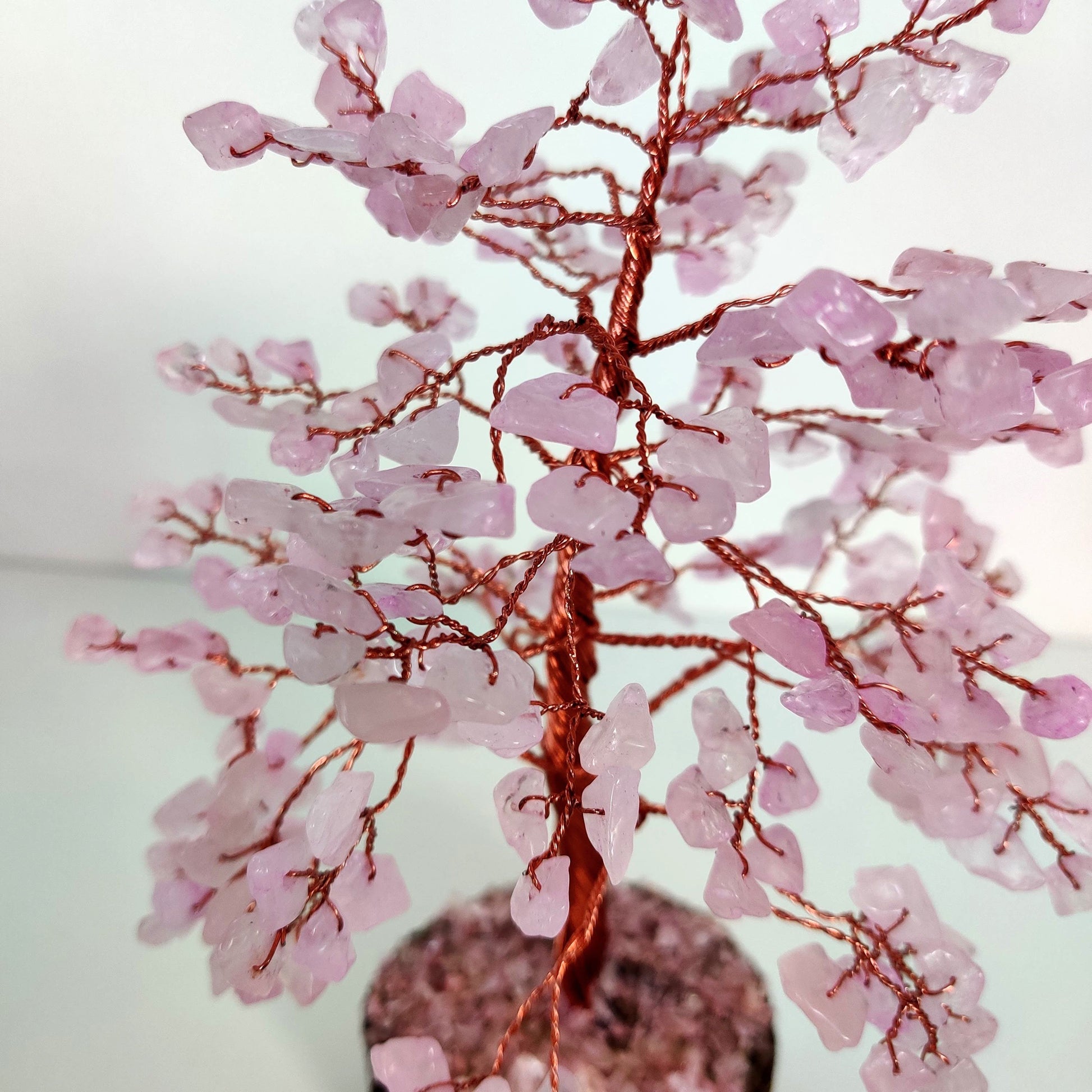 Rose Quartz Copper Crystal Tree on Wooden Base - Rivendell Shop