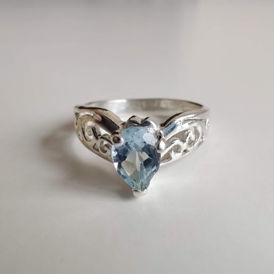 Blue Topaz Tear Drop 925 Sterling Silver Ring with Koru Design - Rivendell Shop