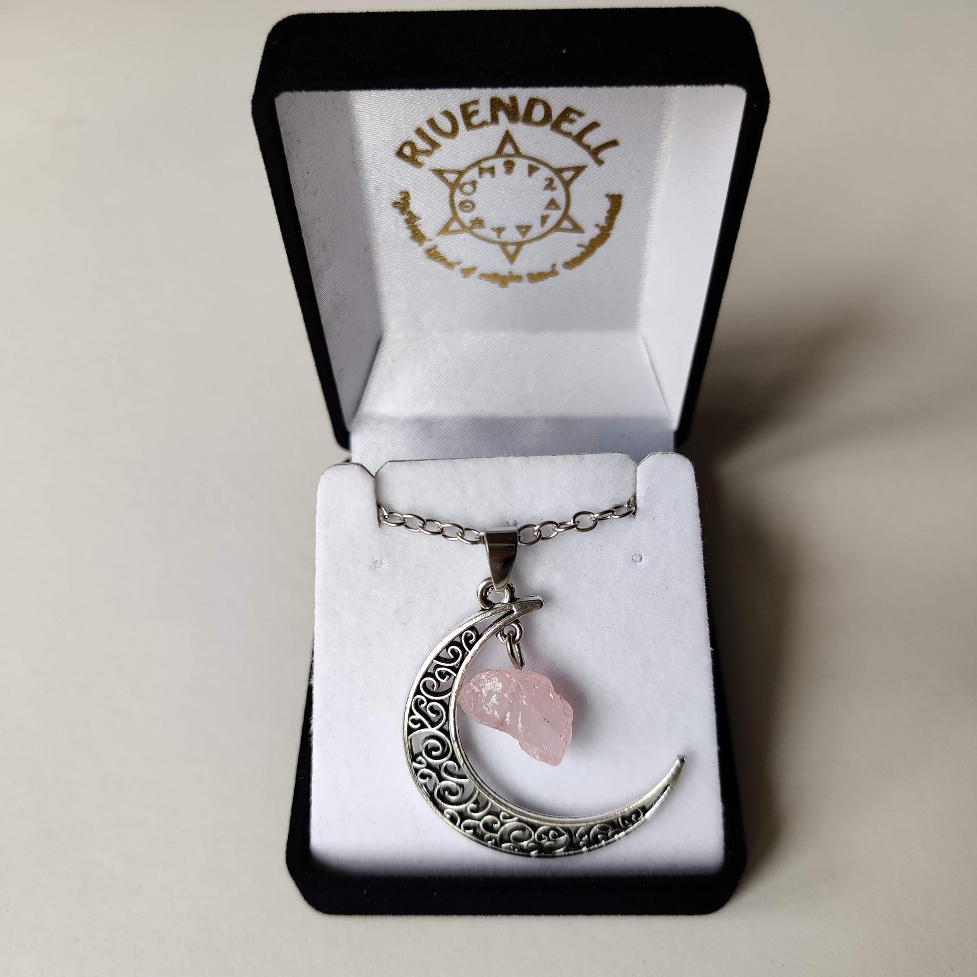 Rose Quartz Moon Pendant with Silver Chain - Rivendell Shop