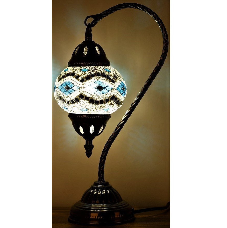 Sky Blue and Silver Swan Neck Turkish Mosaic Lamp - Rivendell Shop