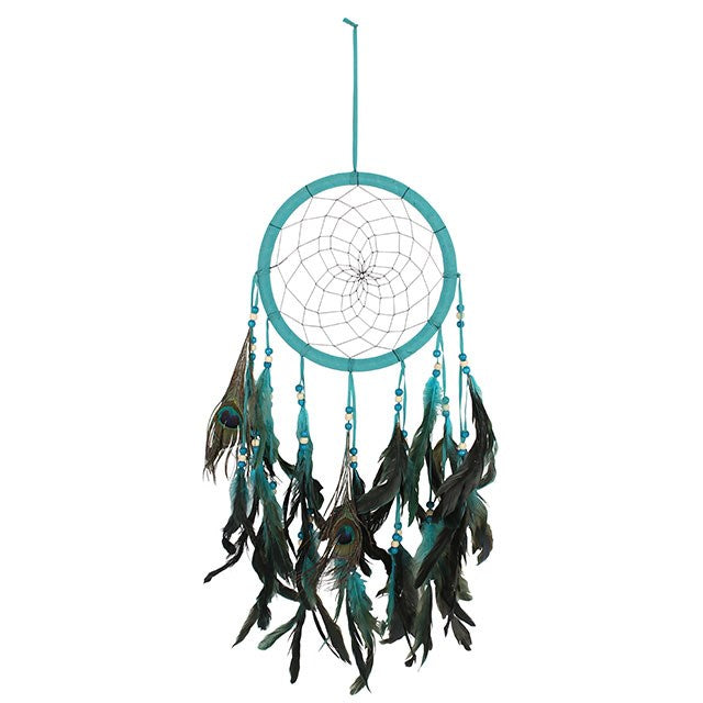 Teal Peacock Feather Black Thread Dreamcatcher - "Zonta" - Rivendell Shop