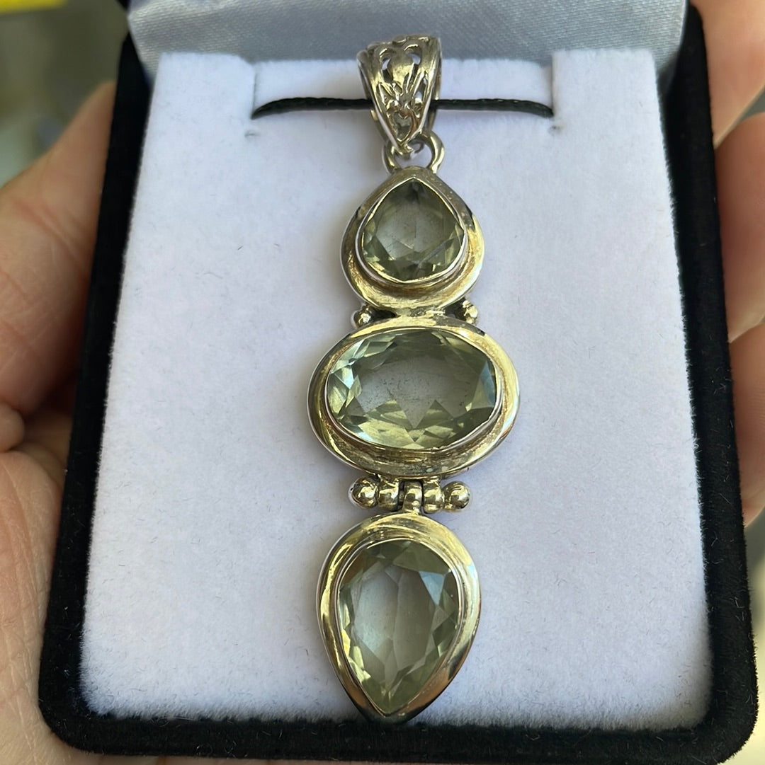 Green amethyst sterling silver triple pendant - Rivendell Shop