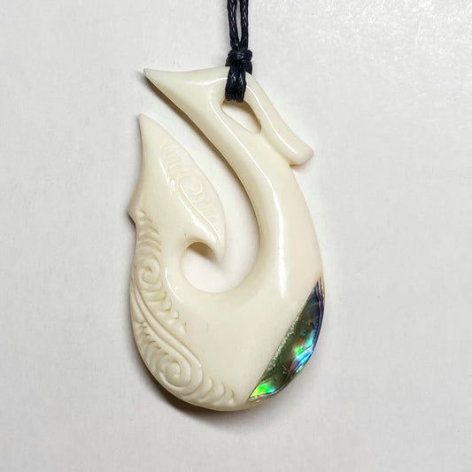 Handcarved Fish Hook Bone Carving Pendant With Paua - Hei Matau - Rivendell Shop