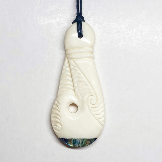 Handcarved Bone Carving Pendant w Paua - Patu - Rivendell Shop