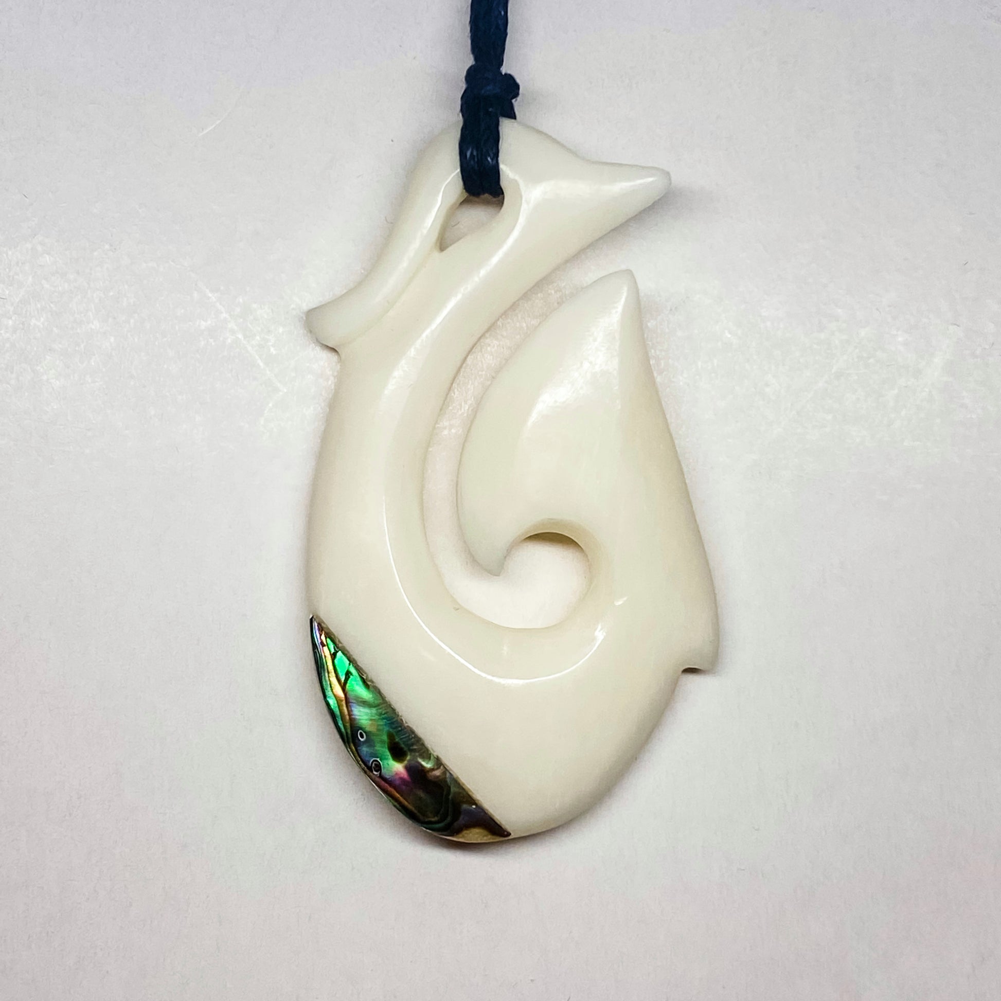 Handcarved Fish Hook Bone Carving Pendant With Paua - Hei Matau - Rivendell Shop