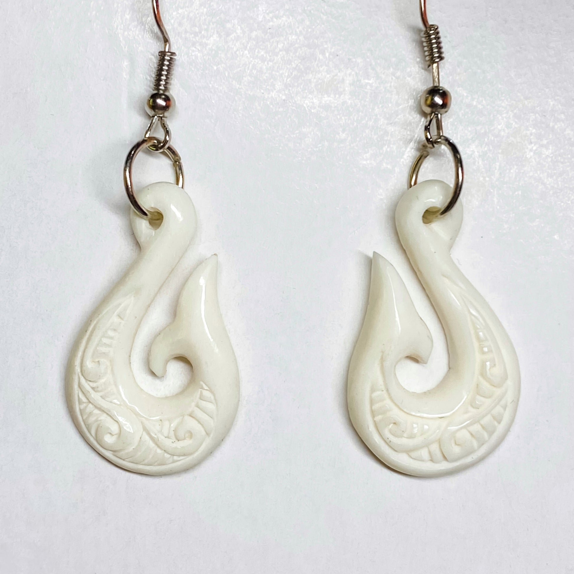 Handcarved Bone Fish Hook Earrings - Hei Matau – Rivendell Shop