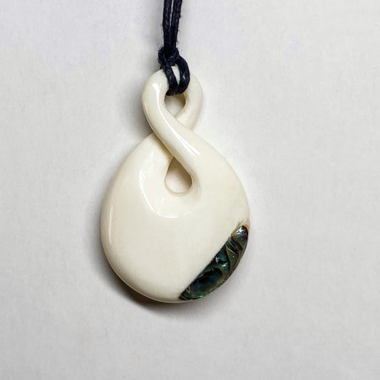 Handcarved Twist Bone Carving Pendant With Paua - Pikorua - Rivendell Shop