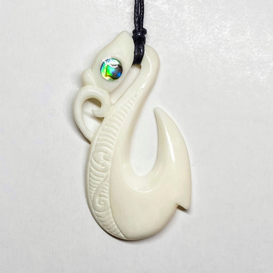 Handcarved Fish Hook Bone Carving Pendant w Paua Eye - Manaia - Rivendell Shop