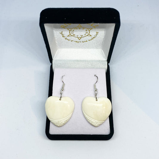 Handcarved Bone Heart Earrings - Rivendell Shop