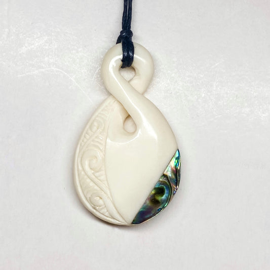 Handcarved Twist Bone Carving Pendant With Paua and Design - Pikorua - Rivendell Shop