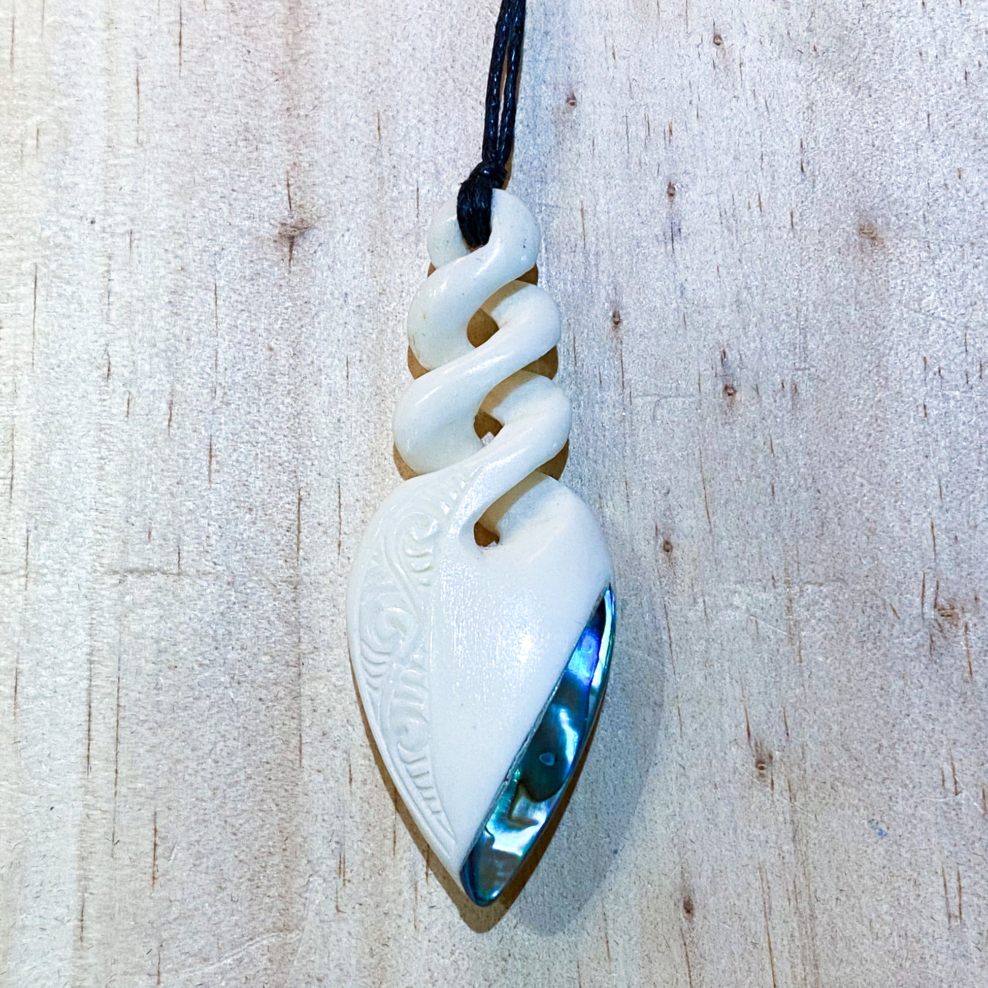 Handcarved Triple Twist Bone Carving Pendant With Paua - Pikorua - Rivendell Shop