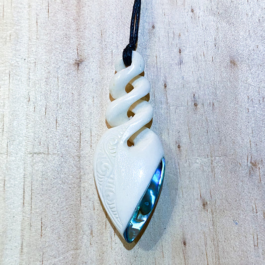 Handcarved Triple Twist Bone Carving Pendant With Paua - Pikorua - Rivendell Shop