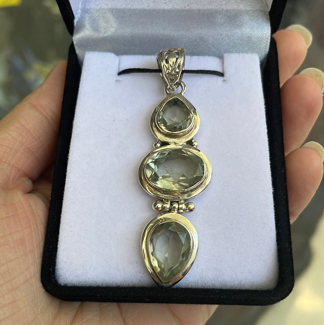 Green amethyst sterling silver triple pendant - Rivendell Shop