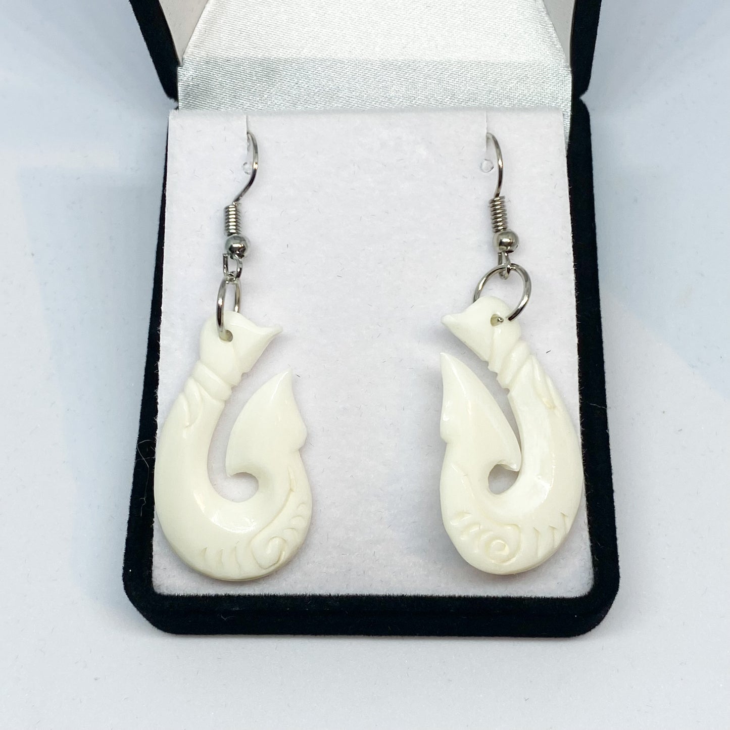 Handcarved Fish Hook Bone Carving Earrings - Hei Matau - Rivendell Shop
