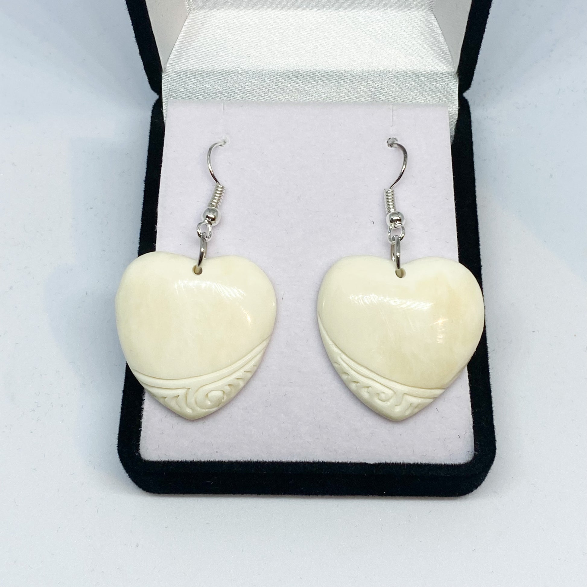 Handcarved Bone Heart Earrings - Rivendell Shop