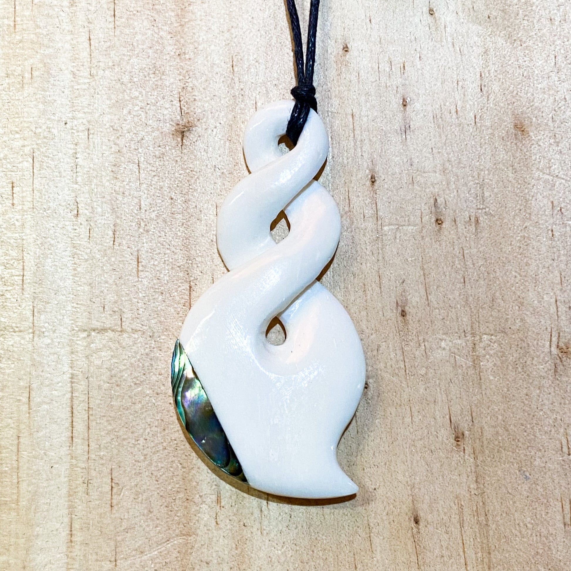 Handcarved Double Twist Bone Carving Pendant With Paua - Pikorua - Rivendell Shop