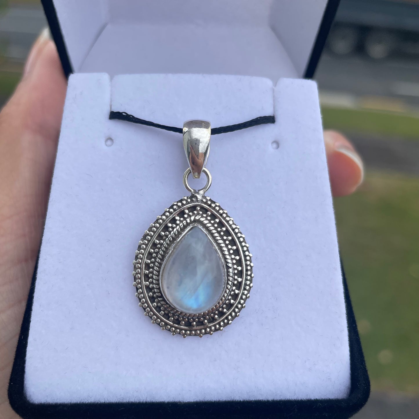 Detailed Teardrop Moonstone Sterling Silver pendant - Rivendell Shop