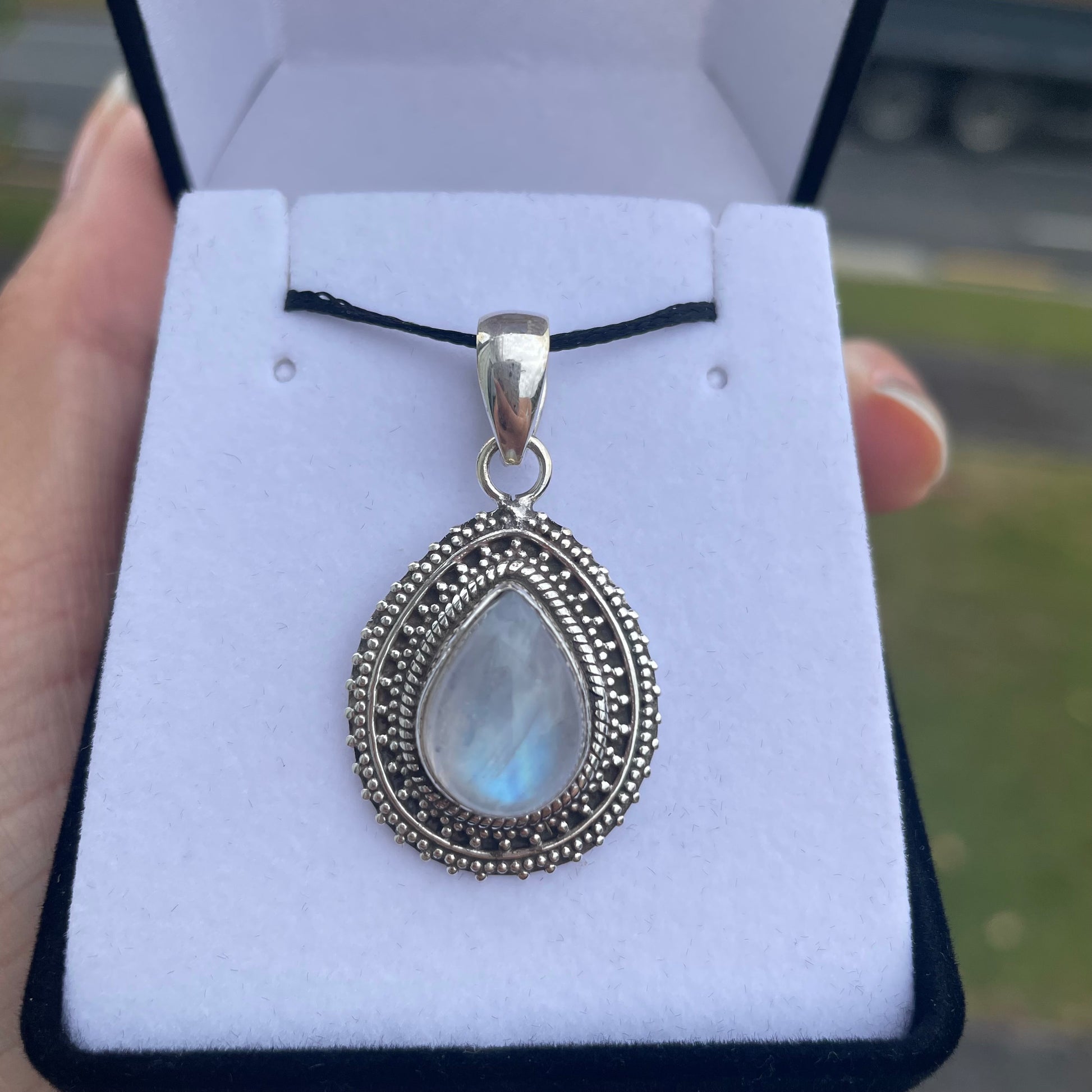 Detailed Teardrop Moonstone Sterling Silver pendant - Rivendell Shop
