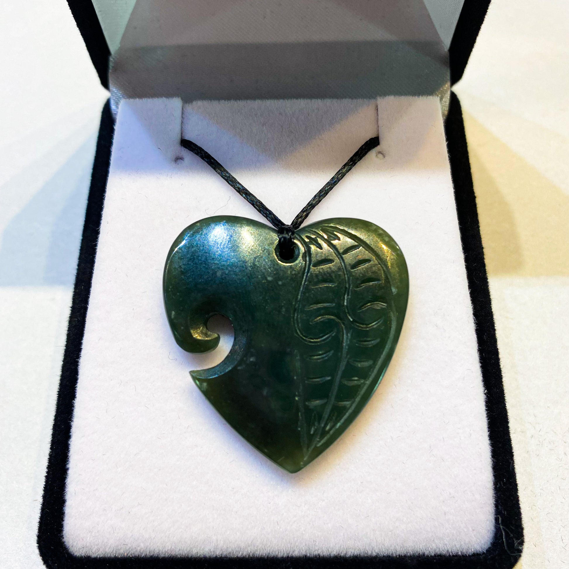 Heart Greenstone Pendant Carving with Koru Indentation - Rivendell Shop