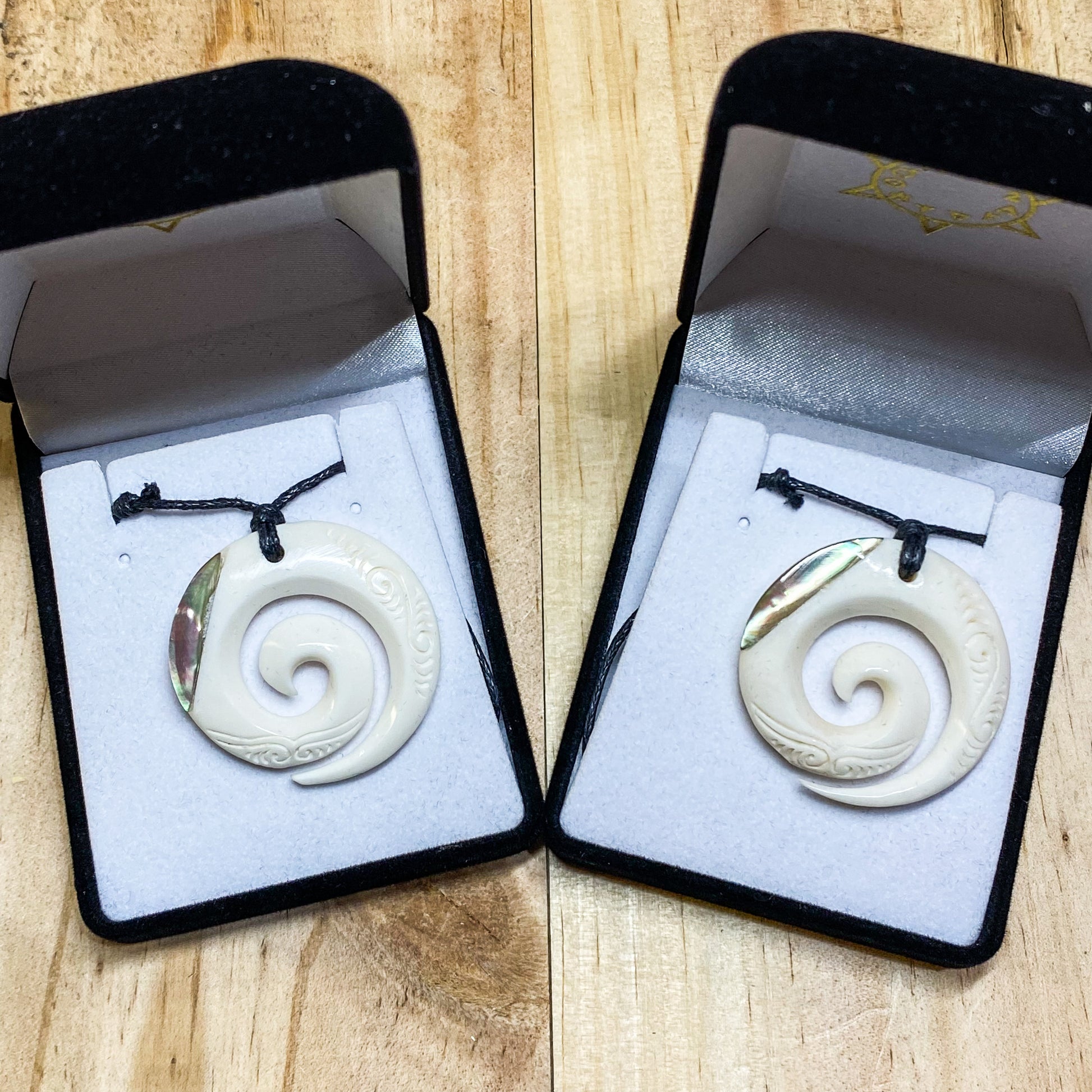 Handcarved Bone Koru Pendant With Paua - Rivendell Shop